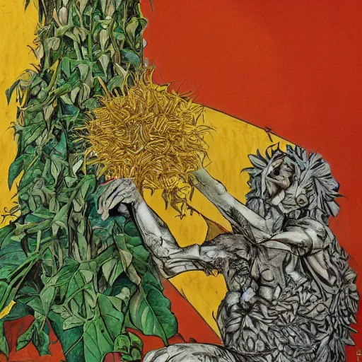 Image similar to close relationship between datura stramonium and men, mythical full of symbolism picture, hyper detailed, hyper realistic, warm colours, symbiosis