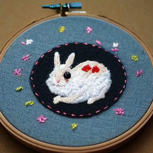 Image similar to a tiny beautiful handmade embroidery of a very cute rabbit. hand embroidery.