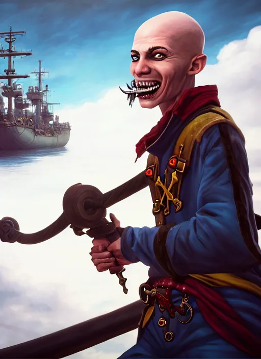 Image similar to An epic fantasy comic book style portrait painting of a skinny white bald sky-pirate with a goofy expression sitting in front of a ship's cannon, unreal 5, DAZ, hyperrealistic, octane render, cosplay, RPG portrait, dynamic lighting