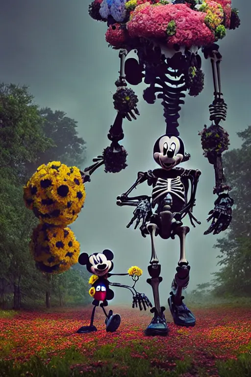 Prompt: a skeletal, mickey mouse made out of flowers and bones, taking a giant robot for a walk in the cyberpunk countryside by beeple, nychos and arcimboldo, highly detailed octane render