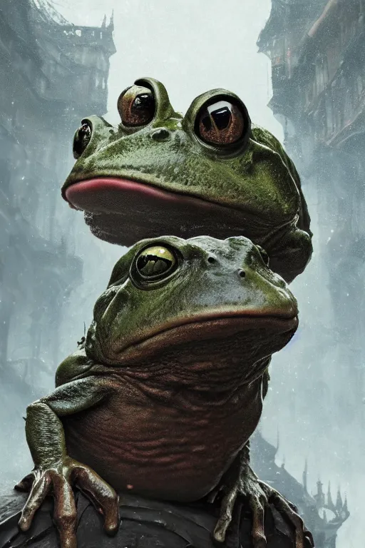 Image similar to a fancy portrait of a giant monstrous frog by Greg Rutkowski, Sung Choi, Mitchell Mohrhauser, Maciej Kuciara, Johnson Ting, Maxim Verehin, Peter Konig, Bloodborne , 8k photorealistic, cinematic lighting, HD, high details, atmospheric , trending on artstation