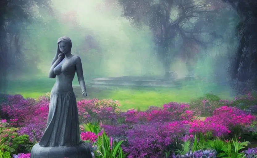 Image similar to The kneeling statue of a woman in a beautiful garden, next to a fountain and a mystical palace, and all this in a foggy and mysterious atmosphere.Fantasy and concept art, colorful digital painting.