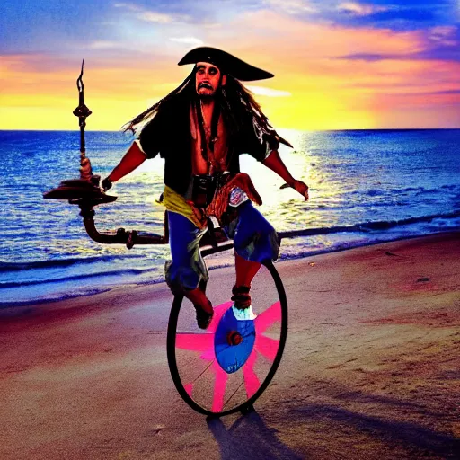 Image similar to a dreamy, colorful pictures of captain jack sparrow riding a unicycle, to the sunset.