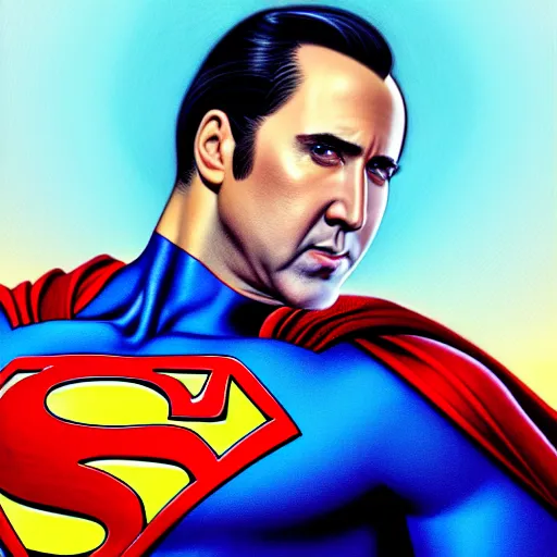 Image similar to portrait of nicolas cage as superman, intricate, elegant, highly detailed, digital painting, artstation, concept art, smooth, sharp focus, illustration, art by artgerm and greg rutkowski and alphonse mucha, 8 k