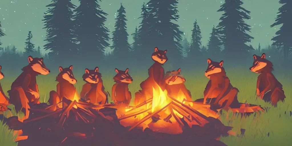 Image similar to a group of racoons sitting around a campfire in the middle of the forest, surrounded by fireflies. Firewatch style