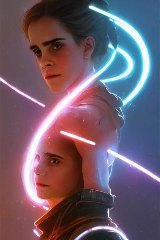 Image similar to portrait of cyborg Emma Watson as Hermione Granger in cyberpunk, neon lighting, night city, digital art from artstation by Ruan Jia and Mandy Jurgens and Artgerm and william-adolphe bouguereau and Greg Rutkowski and Wayne Barlowe