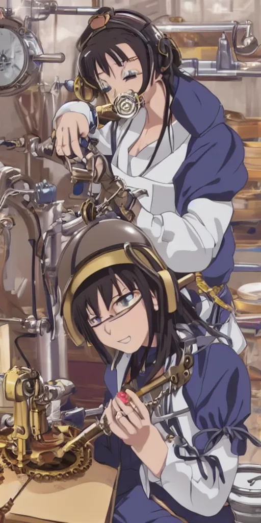 Image similar to Anime key visual of a steampunk girl welding metal in her workshop