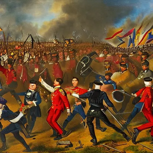Prompt: An epic Civil War battle painting featuring Soldiers in colorful Sgt. Pepper uniforms fighting