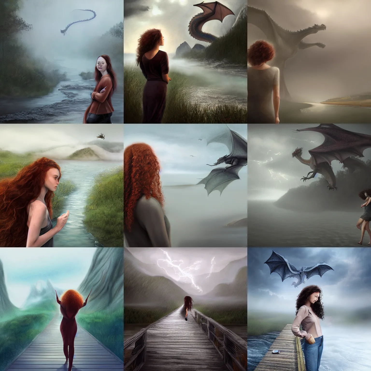 Prompt: a realistic digital painting of a woman with curly long redhair standing in a boardwalk on top of a river looking at a dragon flying out of the mountains in a fog during a thunderous weather. Trending on ArtStation. Epic Art. Emotional