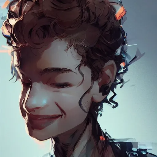 Image similar to a beautiful girl with short curly brown hair in a short ponytail, a pointy chin, happy, smiling , dramatic lighting, illustration by Rossdraws, yoji shinkawa, 4k, digital art, concept art, trending on artstation