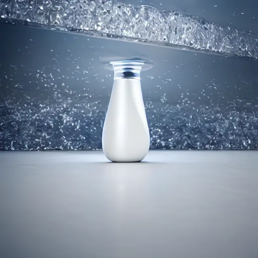 Prompt: perfume bottle buried white daisies on a zen clean modern minimalist beach with an ocean view, frozen and covered in ice, by peter tarka in an ivory room well contoured smooth fair walls, zaha hadid octane highly render, 4 k, ultra hd,