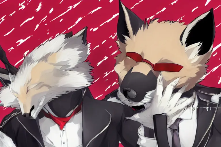 Image similar to a furry tan male fox on a persona 5 : royal ( by atlus ) video game splash screen, a furry male sandcolored tan fox fursona ( has hair ), persona 5 phantom thief style