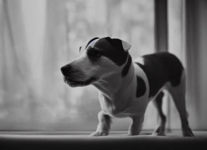 Image similar to photography of a Jack Russel . watching outside the window. on a bed. in a vintage room full of vinyls and posters.,volumetric light, photorealistic,, award winning photo, 100mm, sharp, high res