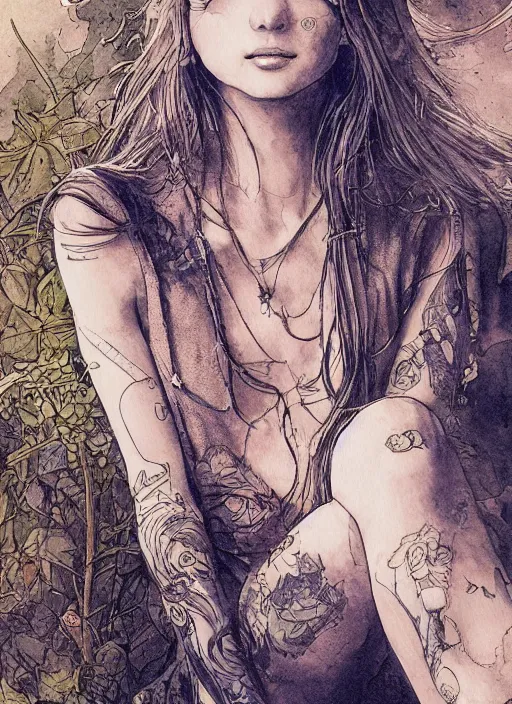 Image similar to portrait, beautiful Stoner hippy girl, sitting cross-legged, smoking a magical bong, watercolor, dramatic lighting, cinematic, establishing shot, extremely high detail, foto realistic, cinematic lighting, pen and ink, intricate line drawings, by Yoshitaka Amano, Ruan Jia, Kentaro Miura, Artgerm, post processed, concept art, artstation, matte painting, style by eddie mendoza, raphael lacoste, alex ross