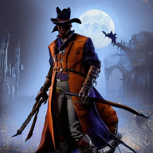 Image similar to a detailed 3 d render of darkwing duck dressed as the hunter from bloodborne, let's get dangerous, in the style animation of darkwing duck, digital art, dark fantasy, concept art, soulslike, by alphonse mucha, blood moon eclipse, wherewolves in a ruined building in the background, artstation, 8 k, unreal engine render