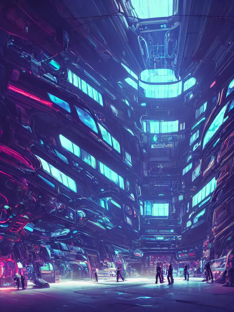 Prompt: the interior of a celestial spaceship cyberpunk hangar in a bioluminescent walls decorated beautifully, lots of cyberpunk design elements like humanoids and mecha robots, warm sunlight shining in, lots of cables and neon signs, concept art 8 k resolution, fantasy illustration, sharp focus, detailed painting, deep color, volumetric lighting, crepuscular rays