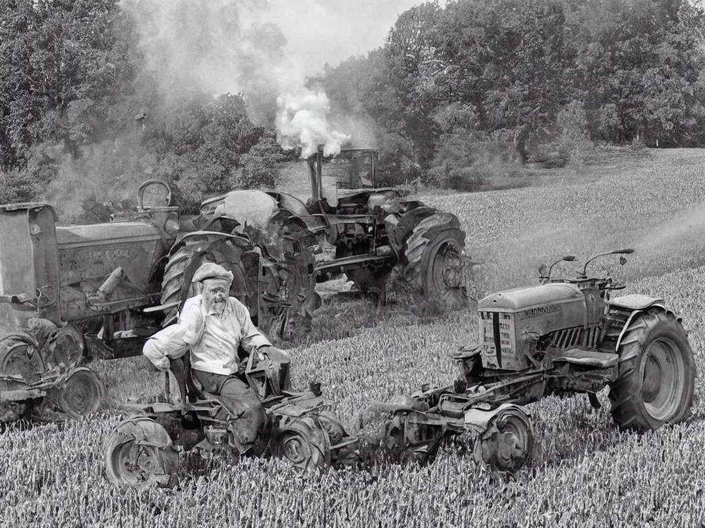 Image similar to grumpy finnish grandpa plowing oat field with old smoke spewing valmet - tractor, 1 9 6 6, home album pocket camera photo, detailed facial features, hyper realistic