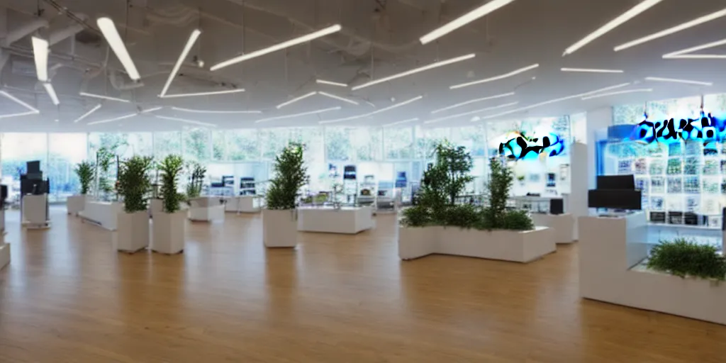 Prompt: wide angle photograph, atmospheric, realistic lighting, light bloom sunlight, nature outside, reflections, small samsung store. white walls. timber floor. display tables with phones and tablets. low ceilings with downlights and spots. curved white furniture with large digital screens. a few plants in the background