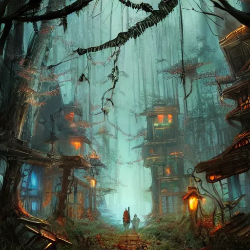 Image similar to A village in fairy tale forest in the style of cyberpunk in the style of dark fantasy art Trending on artstation DeviantArt Pinterest detailed realistic HD 8k High Resolution