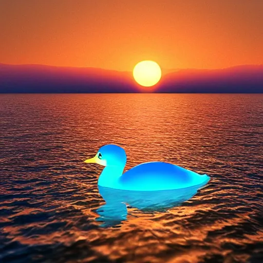 Prompt: giant glass duck floating in the middle of the ocean, sunset, beautiful, ultra realistic digital art, 4k, cgsociety, HDR, Intricate