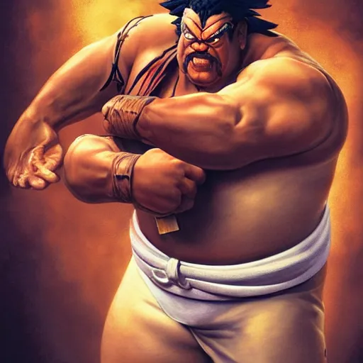 Image similar to danny mcbride as e. honda street fighter, sumo wrestler, ultra realistic, concept art, intricate details, highly detailed, photorealistic, octane render, 8 k, unreal engine, art by frank frazetta, simon bisley, brom