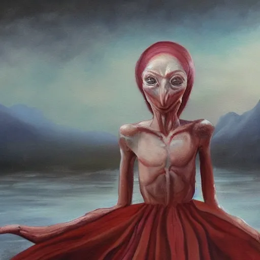 Image similar to a beautiful painting by the philosophers of rutland, urs lily fennard urs, hyperrealism A strange alien figure vanquished within a misty coastal city covered in misty Japanese blood that failed to come through