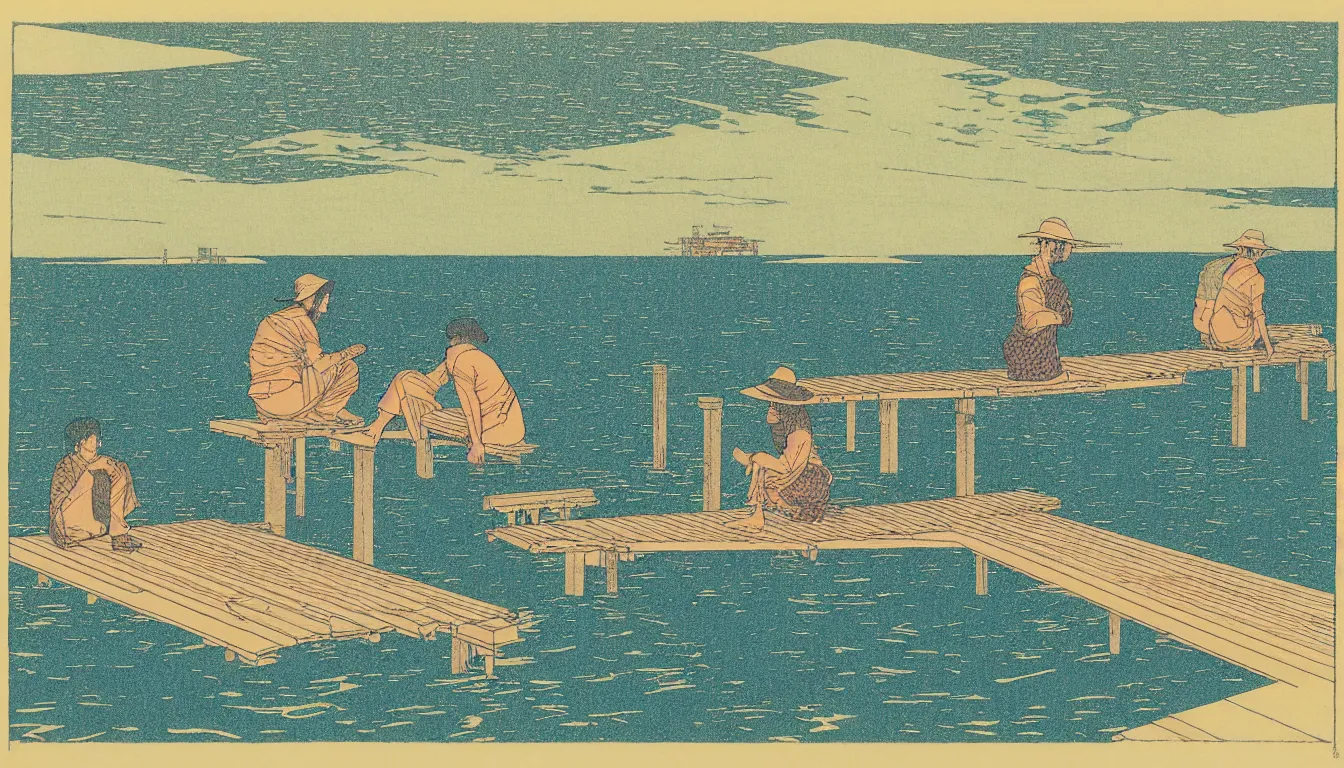 Image similar to sitting at the end of the dock by woodblock print, moebius