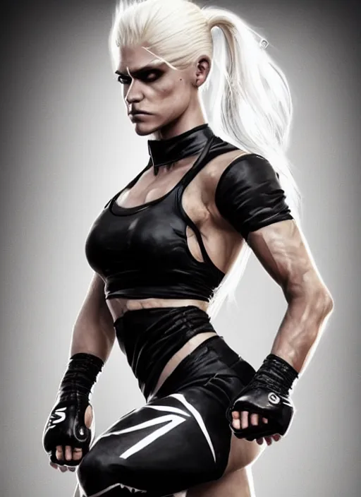 Image similar to a highly detailed illustration of fierce ponytail platinum blonde woman wearing black mma gear and gloves, dramatic powerful kicking pose, perfect face, fairly muscular, athletic, intricate, elegant, highly detailed, centered, digital painting, artstation, concept art, smooth, sharp focus, league of legends concept art, WLOP