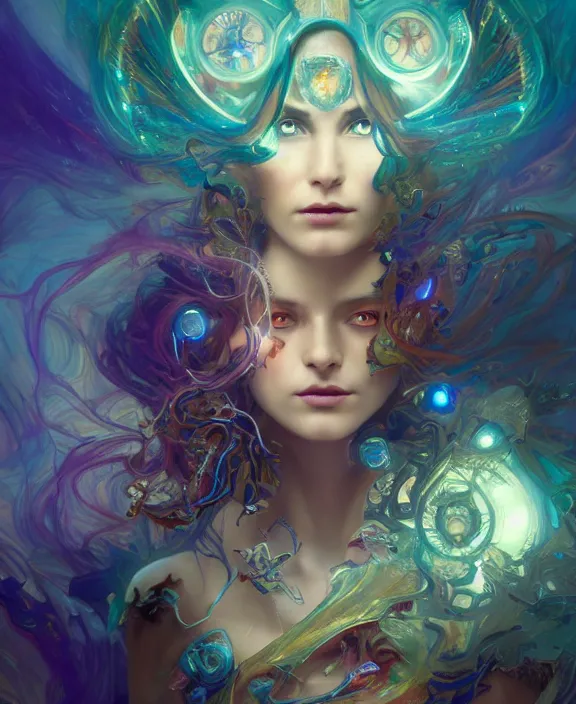 Image similar to a whirlwind of souls rushing inside the metaverse, half body, glowin eyes, tiara with sapphire, insect, android, cyberpunk, d & d, fantasy, intricate, elegant, highly detailed, colorful, vivid color, digital painting, artstation, concept art, art by artgerm and greg rutkowski and alphonse mucha and ruan jia