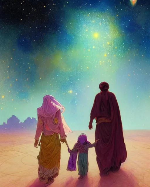 Image similar to bedouin man and woman and child in galaxy walking towards mosque surrounded by nebula, highly detailed, gold filigree, romantic storybook fantasy, soft cinematic lighting, award, disney concept art watercolor illustration by mandy jurgens and alphonse mucha and alena aenami, pastel color palette, featured on artstation