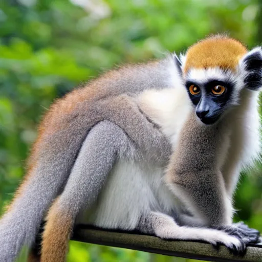 Prompt: monkey - cat - dog - fox hybrid in lemur pose, fluffy white fur, very long tail