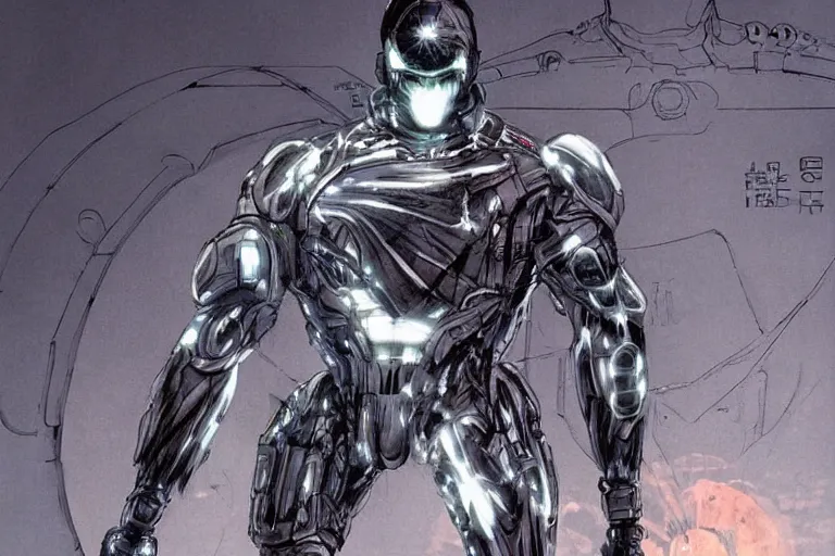 Image similar to cyborg military soldier in nanosuit with epic biological muscle augmentation, at dusk, a color illustration by tsutomu nihei, makoto kobayashi