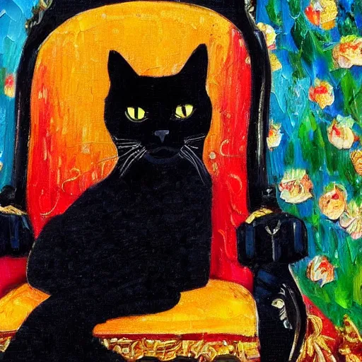 Prompt: impressionist oil painting palette knife, beautiful black cat wearing royal queen robes and crown with throne in background detailed 4 k