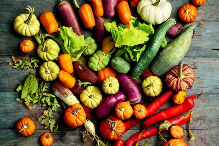 Image similar to magazine quality photo shoot of beautifully displayed fall vegetables, angle view