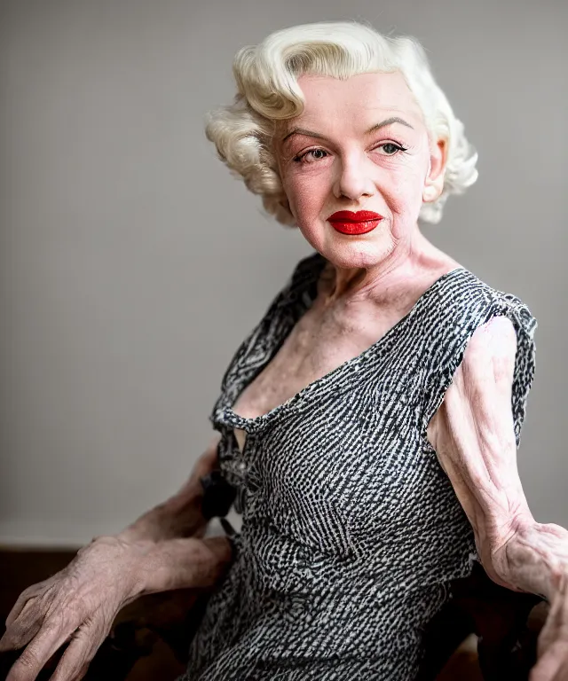 Image similar to dslr photo portrait still of 1 0 year old age 1 0 0 marilyn monroe at age 3 5!!!, 8 5 mm f 1. 8