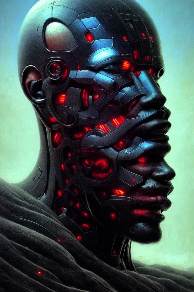 Image similar to a striking portrait of a black cyborg god king by moebius and hr gigerr and beksinski, trending on artstation, digital art, 4 k resolution, detailed, high quality, sharp focus, hq artwork, insane detail, cinematic, volumetric lighting, character concept art, fine details, clear face