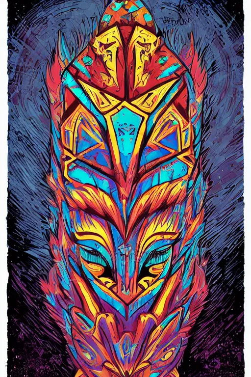 Image similar to totem animal mask tribal feather gemstone plant wood rock shaman vodoo video game vector illustration vivid multicolor borderlands comics by josan gonzales and dan mumford radiating a glowing aura