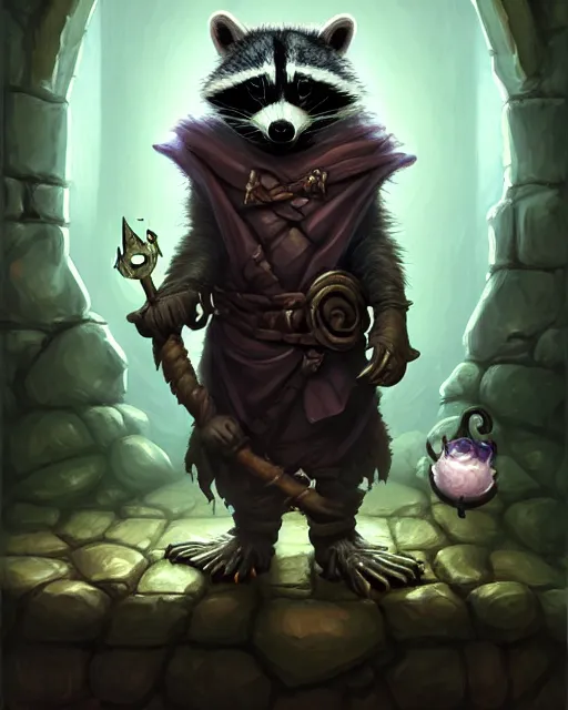 Image similar to anthropomorphic hooded necromancer raccoon casting a spell in a dungeon, deep focus, d & d, fantasy, intricate, elegant, highly detailed, digital painting, artstation, concept art, matte, sharp focus, illustration, hearthstone, art by artgerm and greg rutkowski and alphonse mucha