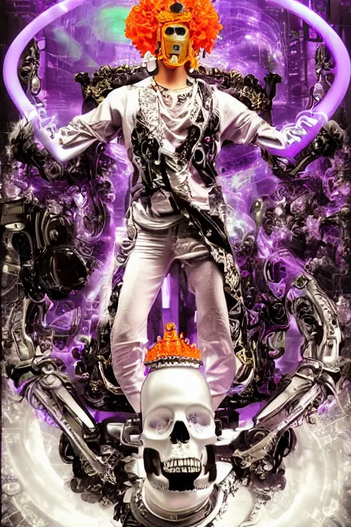 Image similar to full-body rococo and cyberpunk style violet neon statue of a young attractive Spanish male macho dotado android reclining sim roupa con piroca, glowing white laser eyes, prince crown of orange gears, diamonds, swirling silver-colored silk fabric. futuristic elements. full-length view. space robots. human skulls. intricate artwork by caravaggio. Trending on artstation, octane render, cinematic lighting from the right, hyper realism, octane render, 8k, depth of field, 3D