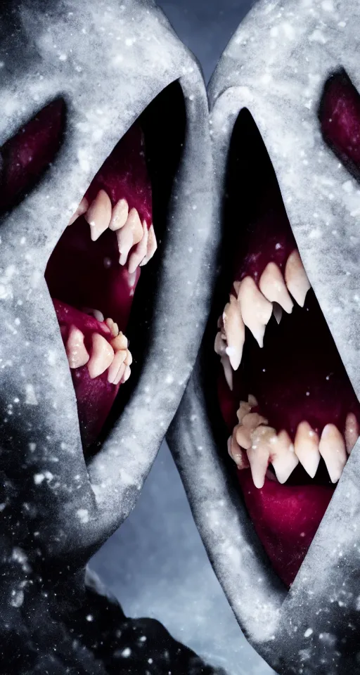 Image similar to up close shot of two vampire fangs, winter, dark scenery, dark lighting, cinematic, cold freezing nights, laser lights, crybernetic, top floor boss shit, destroy lonely, black floor, lavish, luxurious, marble walls, cinematic, hyper realism, high detail, octane render, 8 k