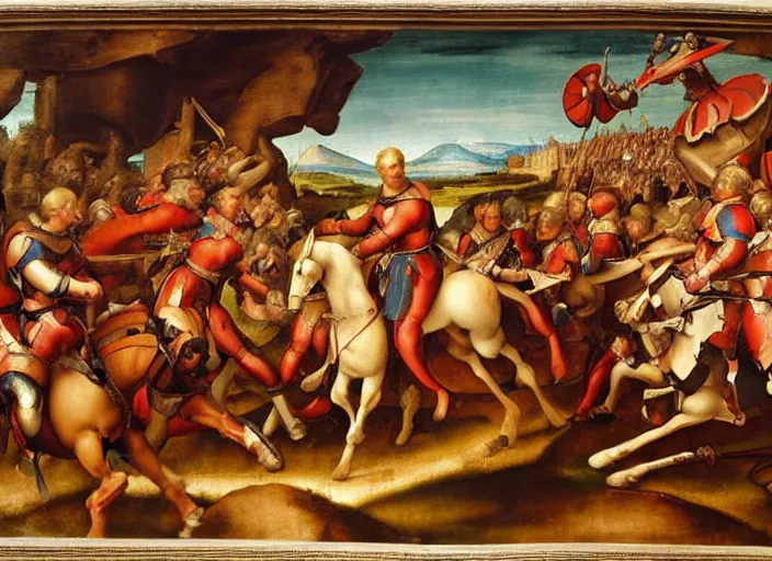 Image similar to a wide shot detailed renaissance painting of a war, knights in red armor riding horses fighting elven warriors riding giant spiders, by raphael, great masterpiece, award winning historic painting, dynamic composition