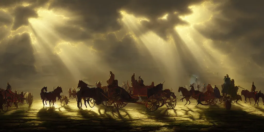 Image similar to 1 8 th century london, god rays, carriages with horses, digital art, landscape, fantasy art, octane render, ureal engine, high detail, very realistic, by greg rutkowski. by james gurney