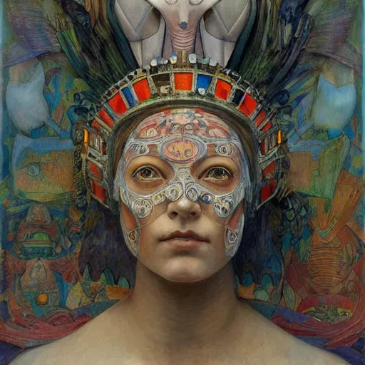 Image similar to the robot queen with her bird mask, by annie swynnerton and diego rivera and elihu vedder, symbolist, dramatic lighting, elaborate geometric ornament, art brut, soft cool colors, smooth, sharp focus, extremely detailed, adolf wolfli and donato giancola