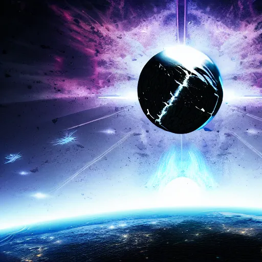 Image similar to shattered earth, black background, science fiction art