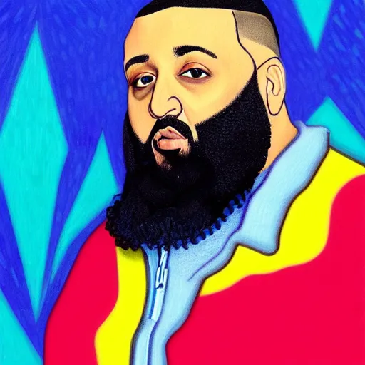 Prompt: ultra realistic portrait of dj khaled in a studio, ultra detailed, under blue, red and yellow cinematic lighting, by van gogh, cartoon, monument valley, escher