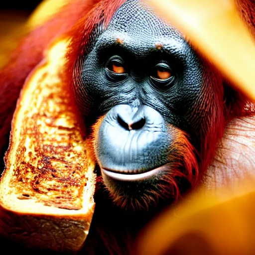 Prompt: an orangutan burnt onto a piece of toast, 4 k, hyper realistic, dslr, high resolution, landscape, beautiful