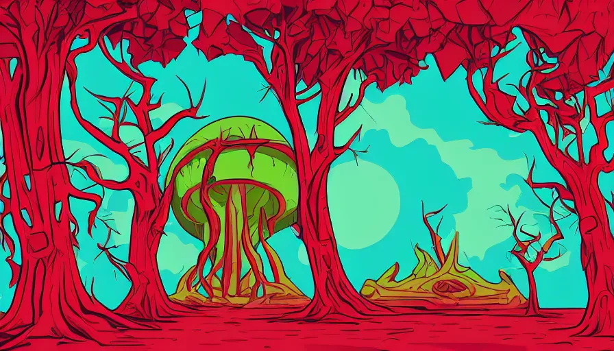 Prompt: alien ruins between gigantic red trees, colorful, vector style drawing