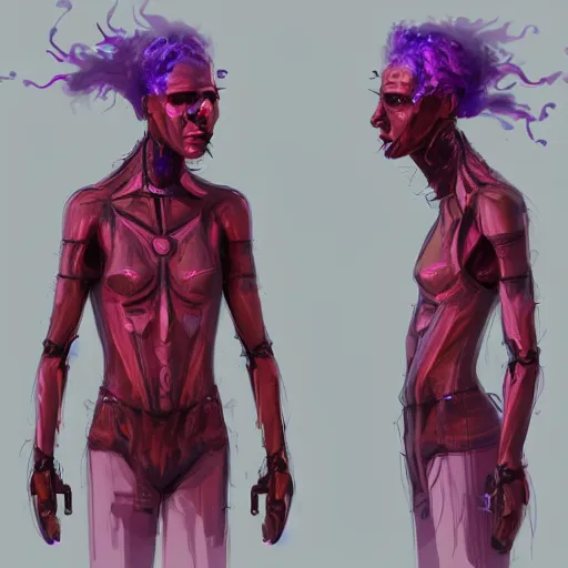 Image similar to character design sketch humanoid by ahmet atil akar, profile portrait, cyberpunk street goon, concept art character, cyberpunk fashion, with body made of purple lava and fire, marvelous designer, royalty, smooth, sharp focus, organic, deep shadowsby jerad marantz, hyperrealistic oil painting, 4 k, studio lightning