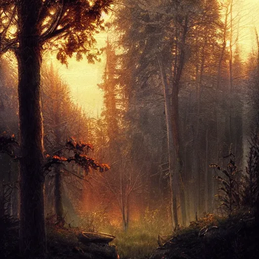 Image similar to view from window of beautiful forest with a sunset, high detail, dramatic light, digital art, dark, painted by seb mckinnon and greg rutkowski, trending on artstation