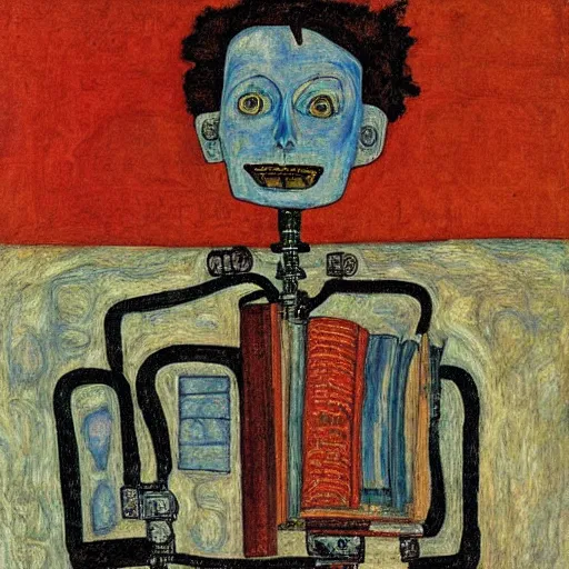 Image similar to a robot reading a book by egon schiele